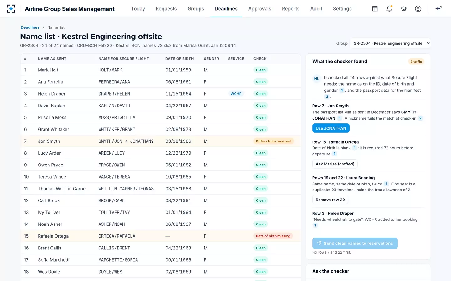 Airline Group Sales Management — Group name list and Secure Flight check