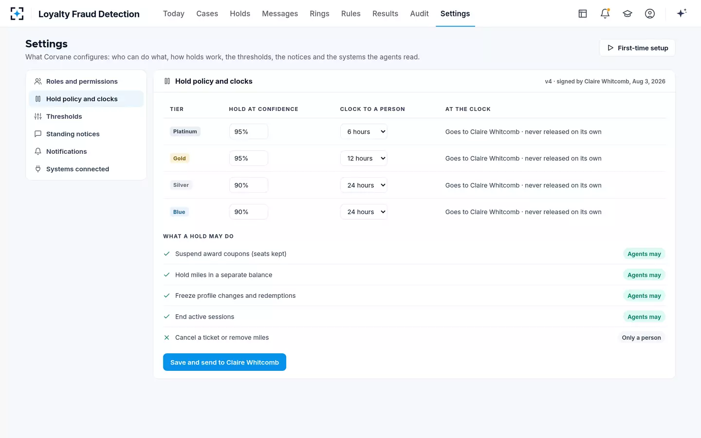 Loyalty Fraud Detection — Hold policy and clocks