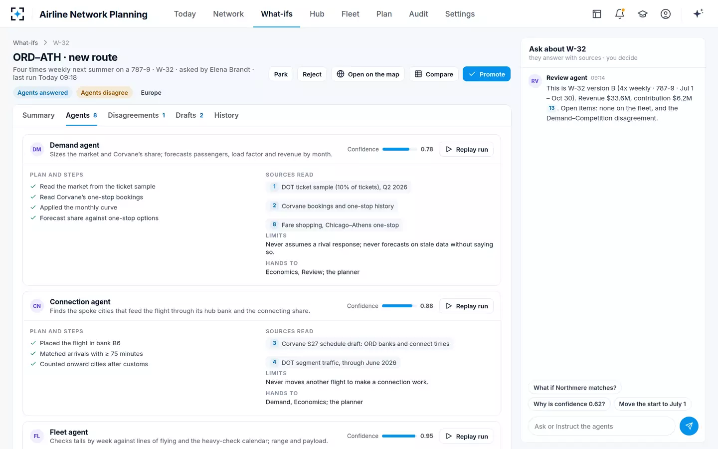 Airline Network Planning — Each agent's plan, sources and limits