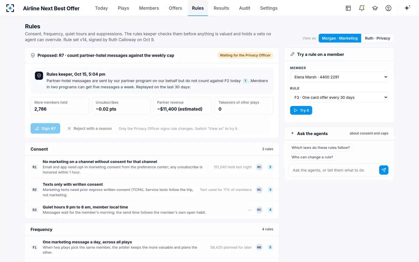 Airline Next Best Offer — Consent and frequency rules