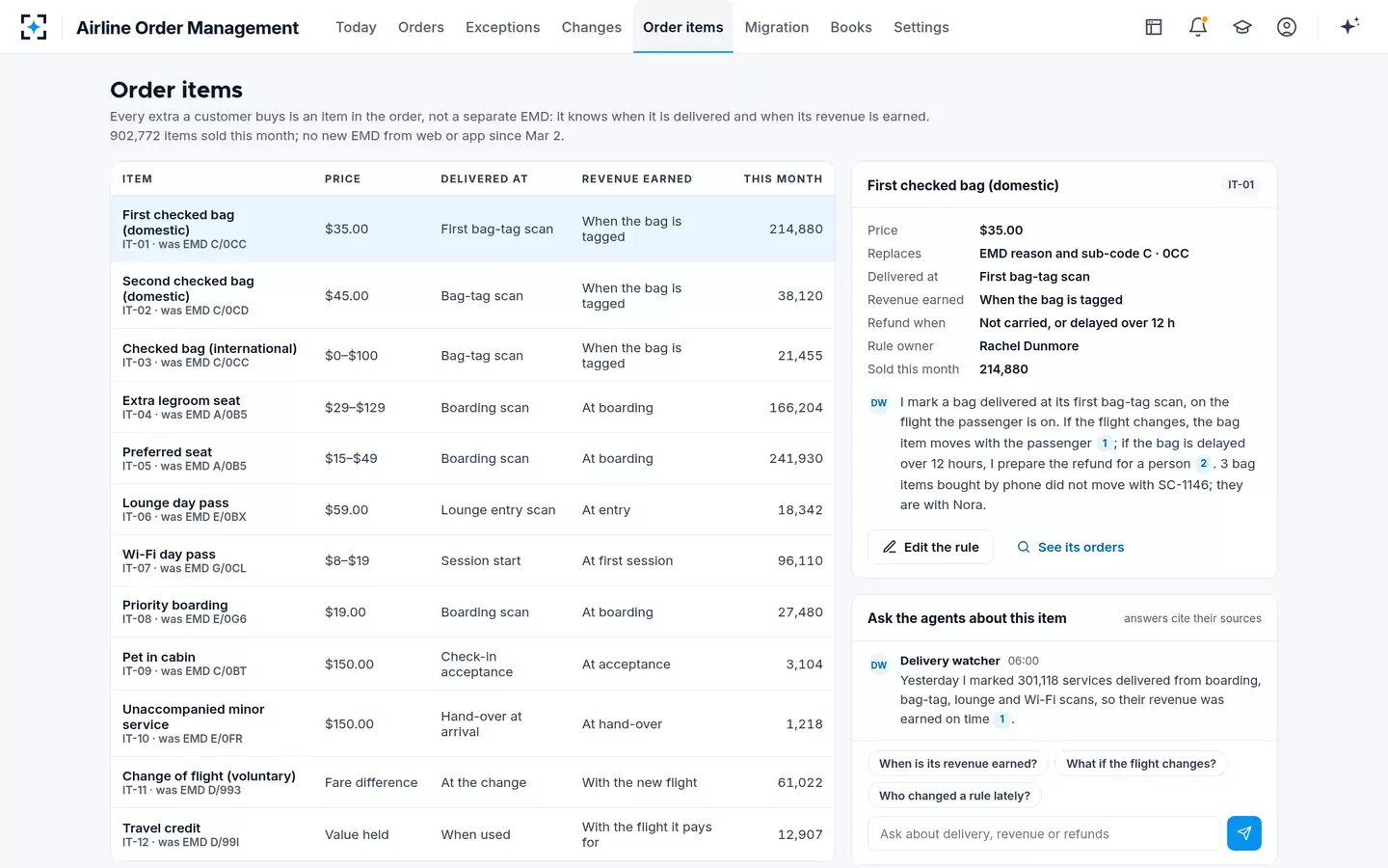 Airline Order Management — Order items that replace EMDs