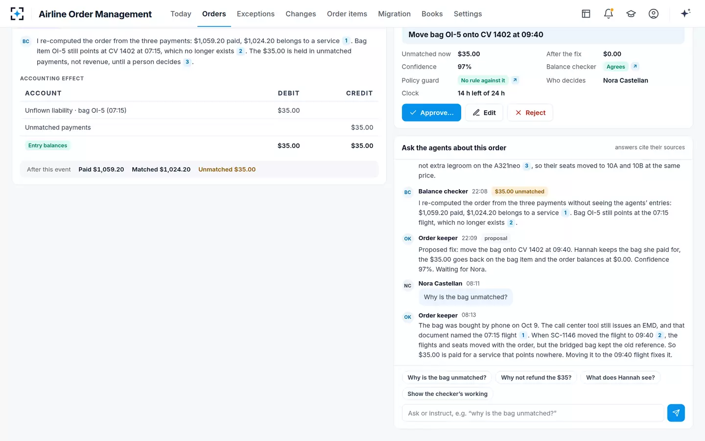 Airline Order Management — Ask the agents about the order