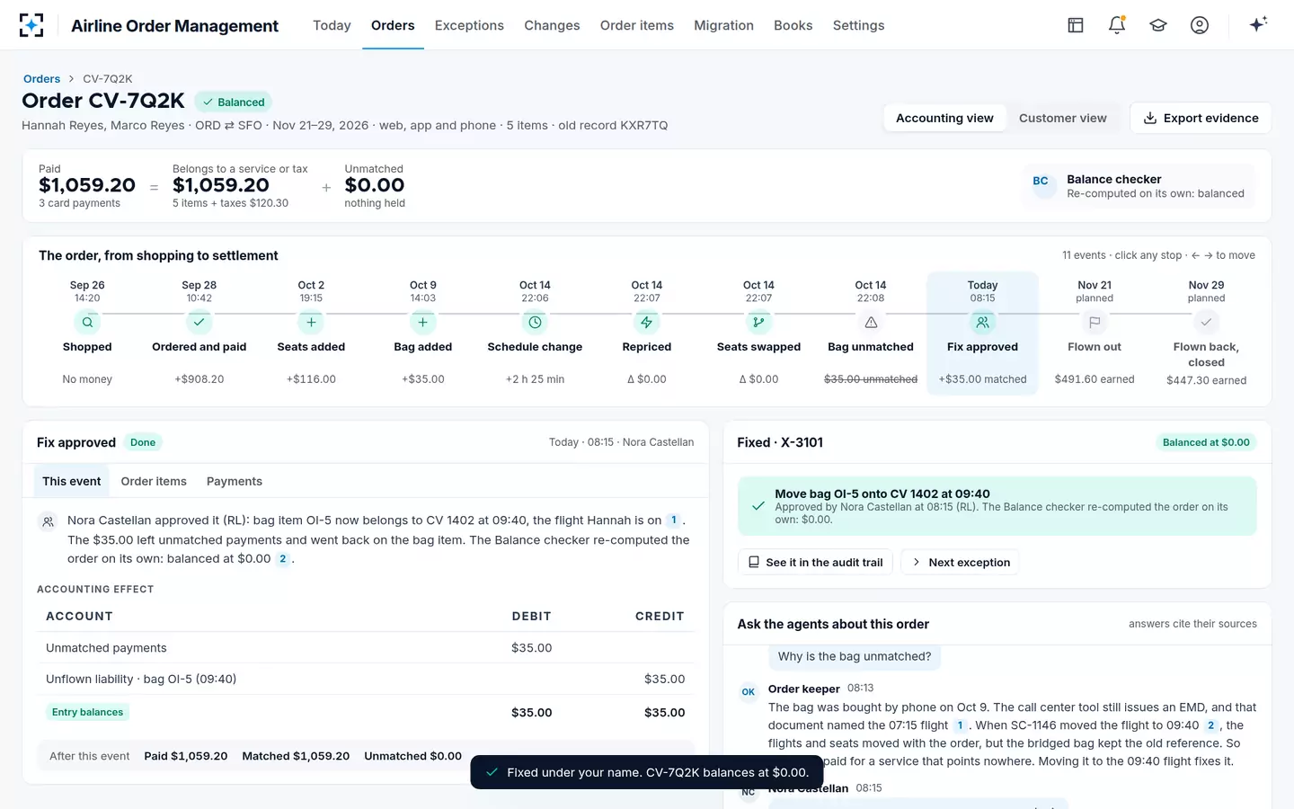 Airline Order Management — Balanced at $0.00