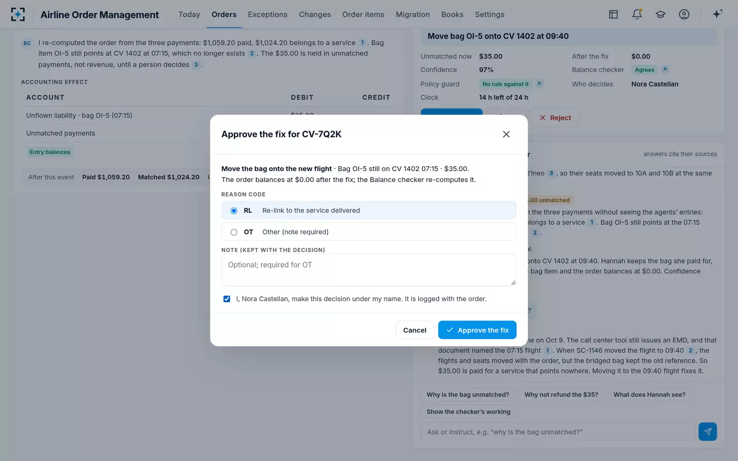 Airline Order Management — Approve with a reason code