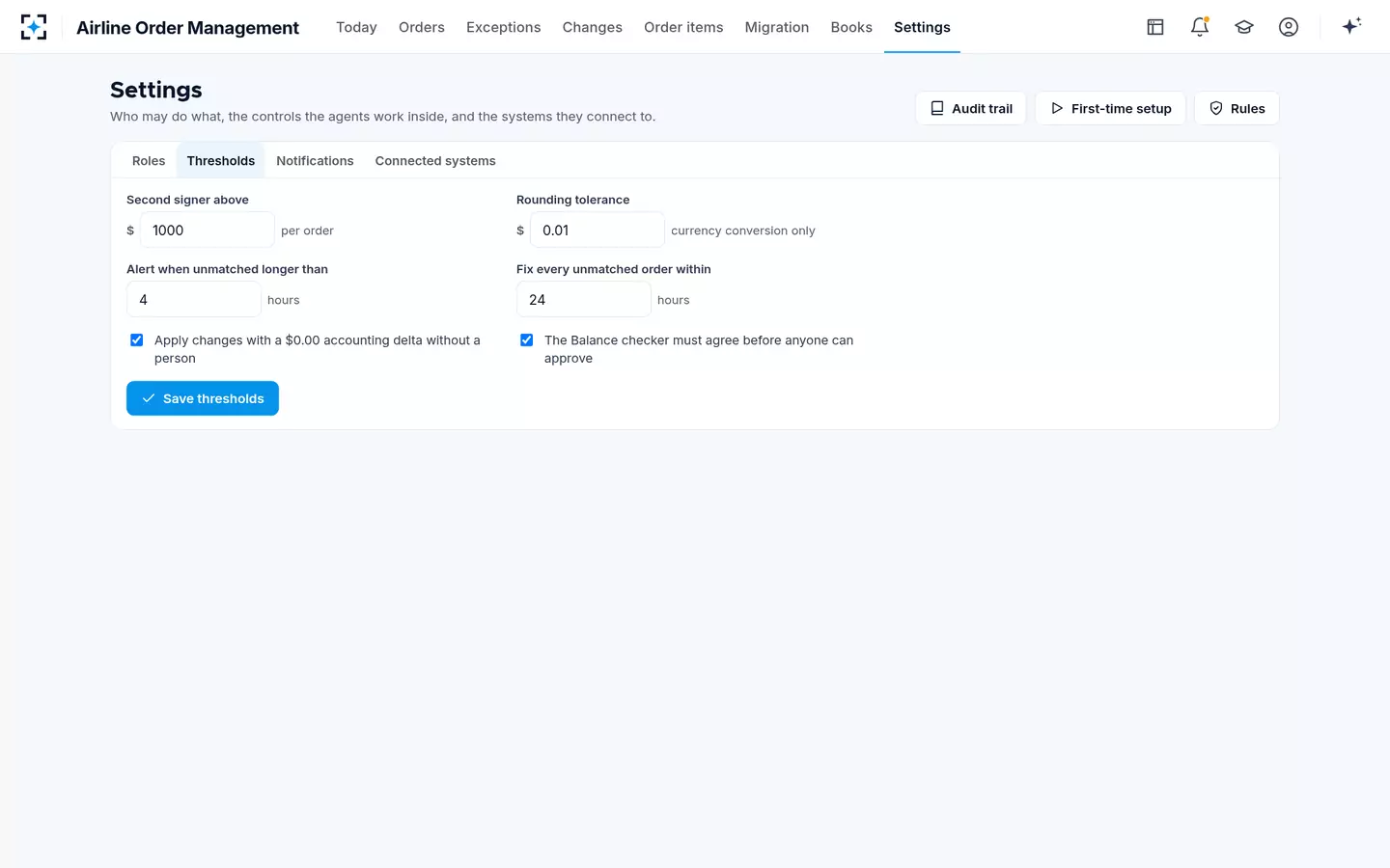 Airline Order Management — Thresholds