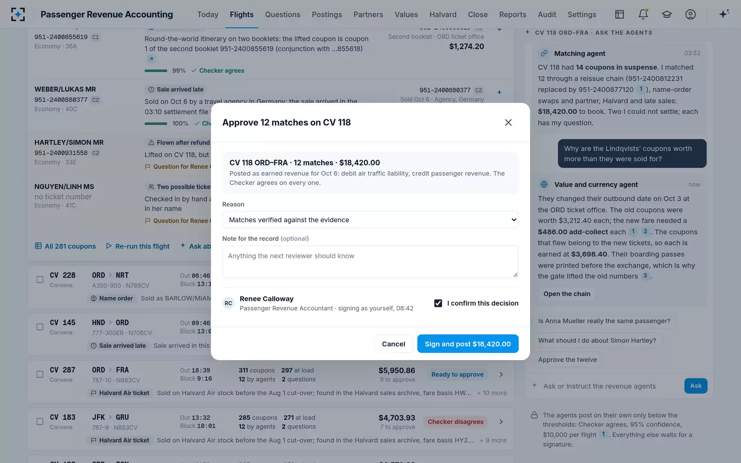 Passenger Revenue Accounting — Approve a flight's matches