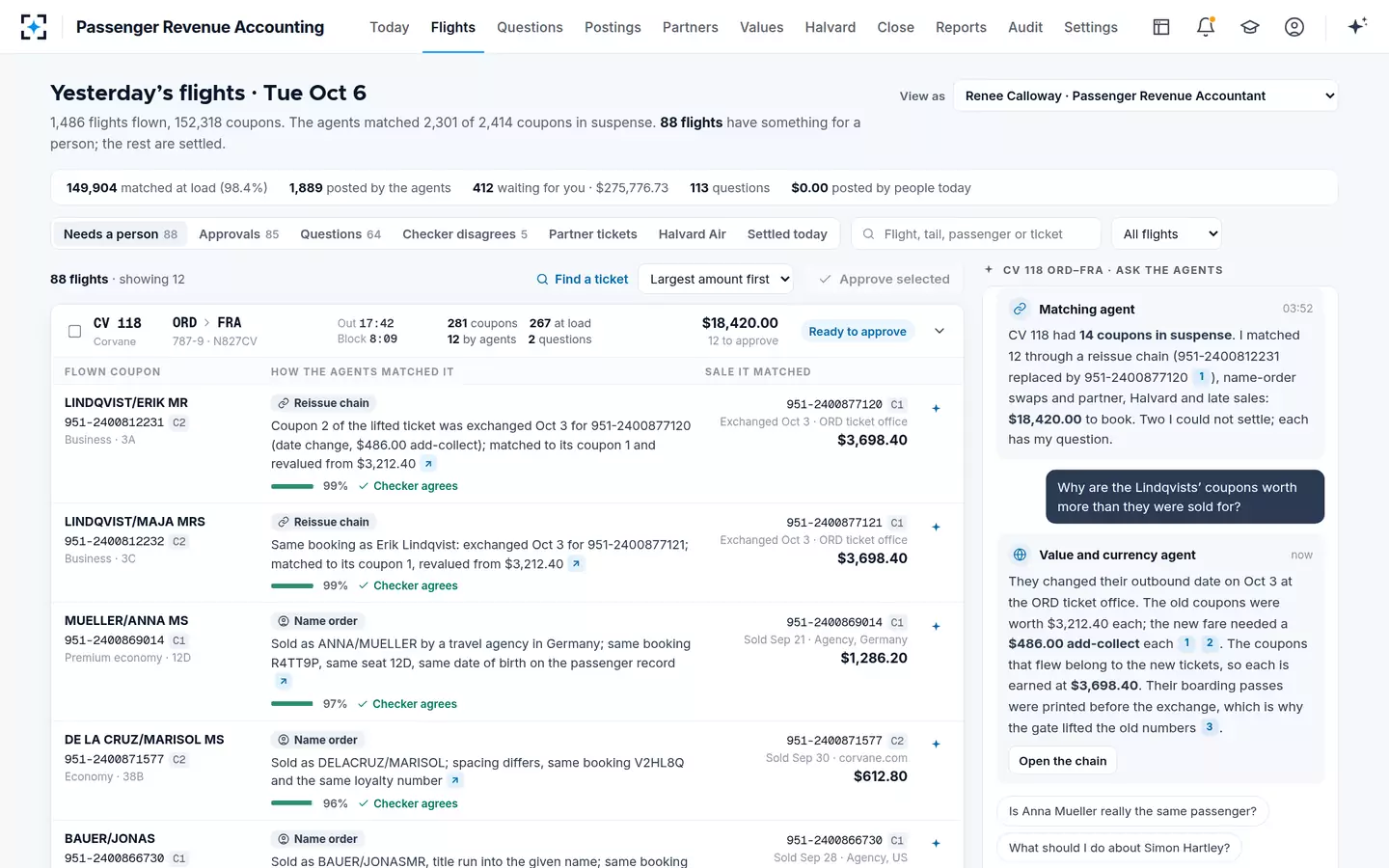 Passenger Revenue Accounting — Yesterday's flights as strips
