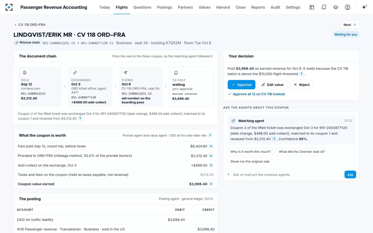 Passenger Revenue Accounting — One coupon: chain, value, posting