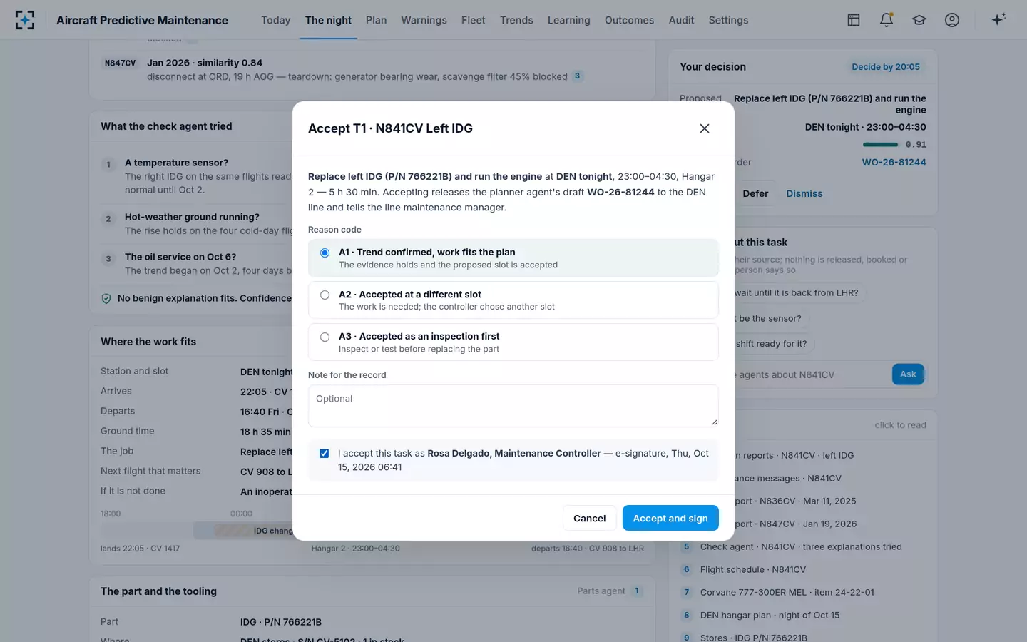 Aircraft Predictive Maintenance — Accept with a reason code and e-signature