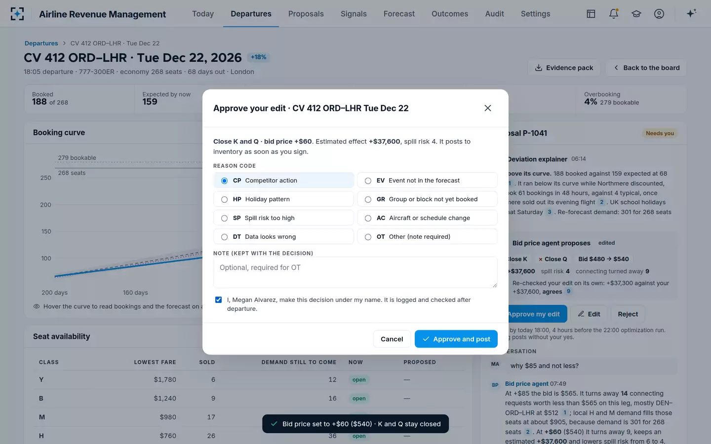 Airline Revenue Management — Approve with a reason code