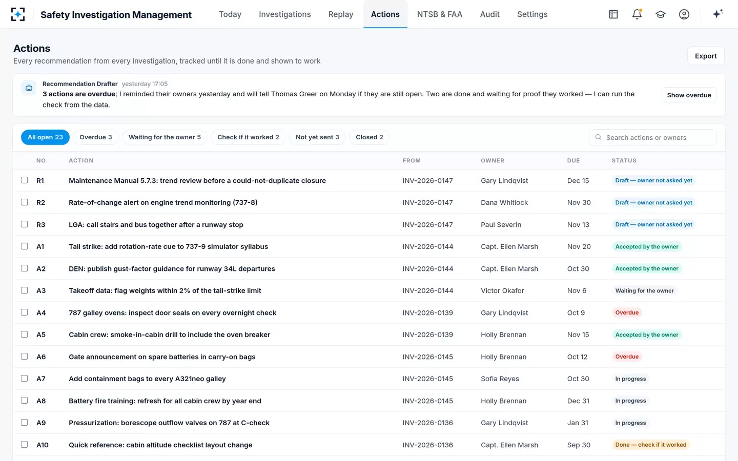 Safety Investigation Management — Corrective actions to closure