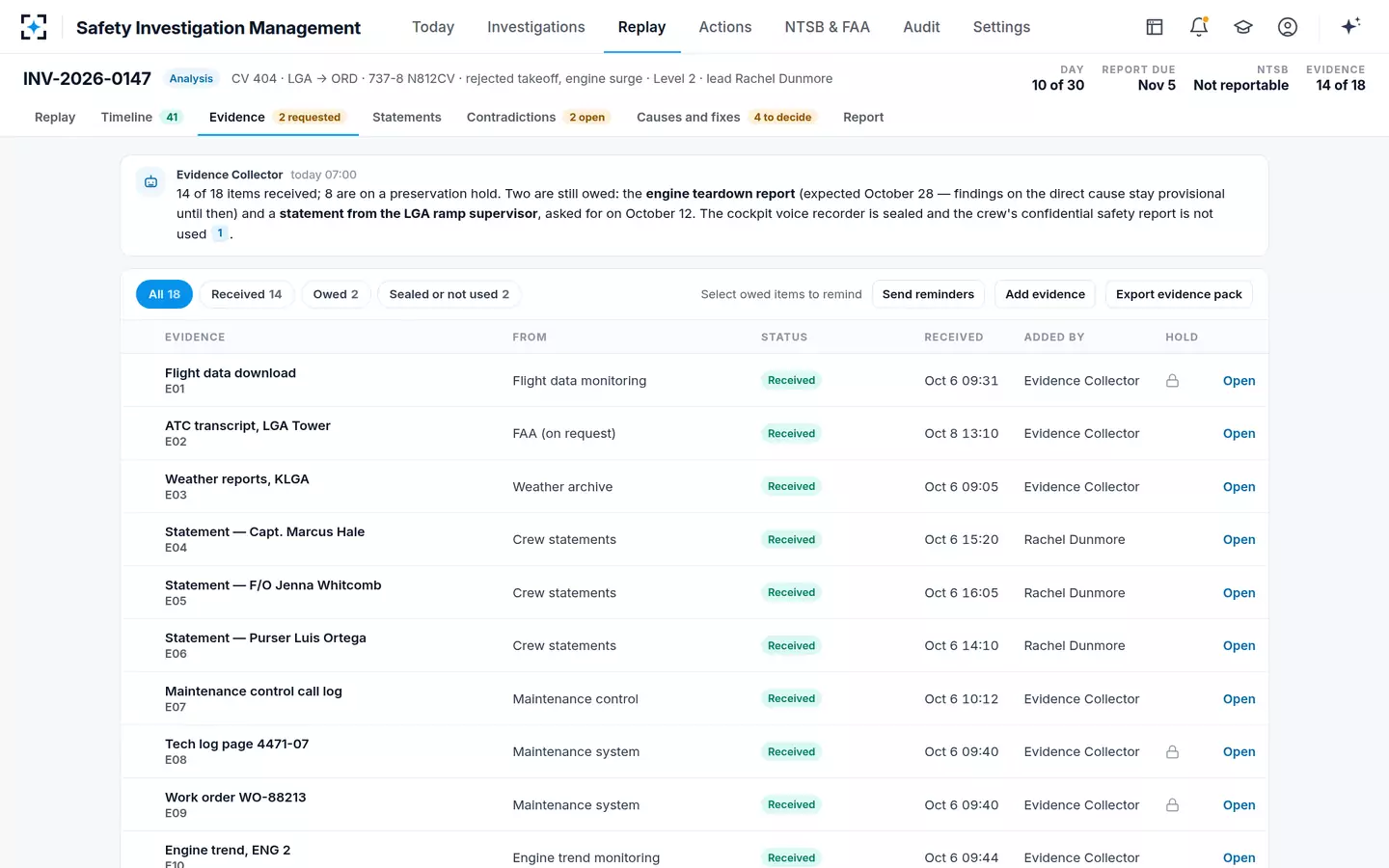 Safety Investigation Management — Evidence and custody