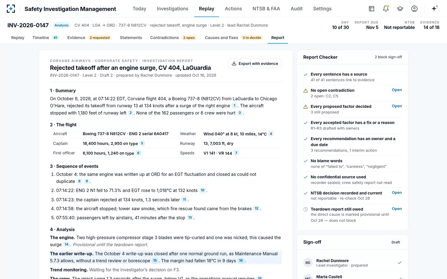 Safety Investigation Management — The investigation report and sign-off