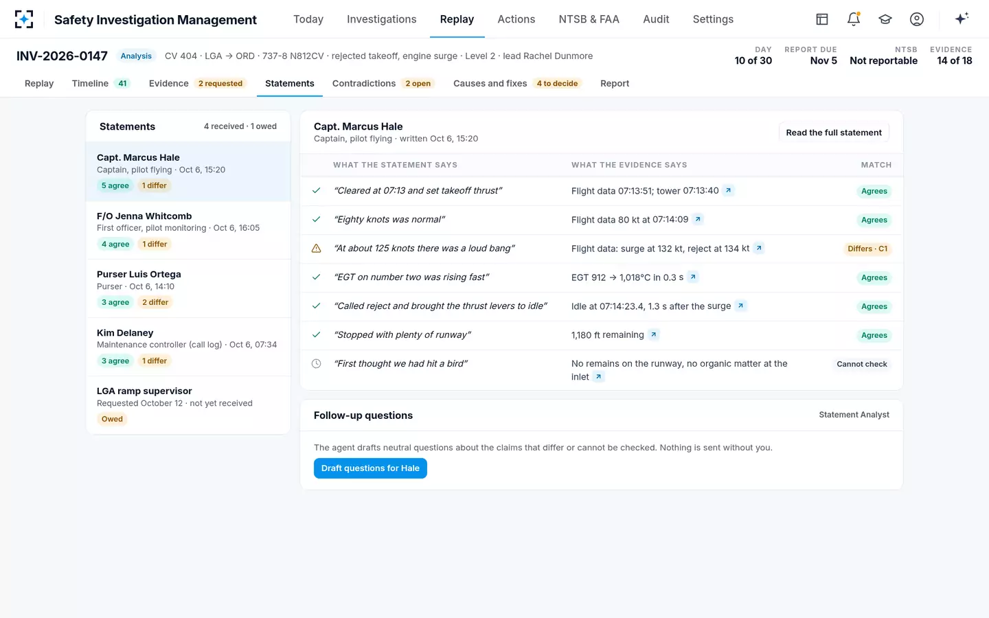 Safety Investigation Management — Crew statements against the data