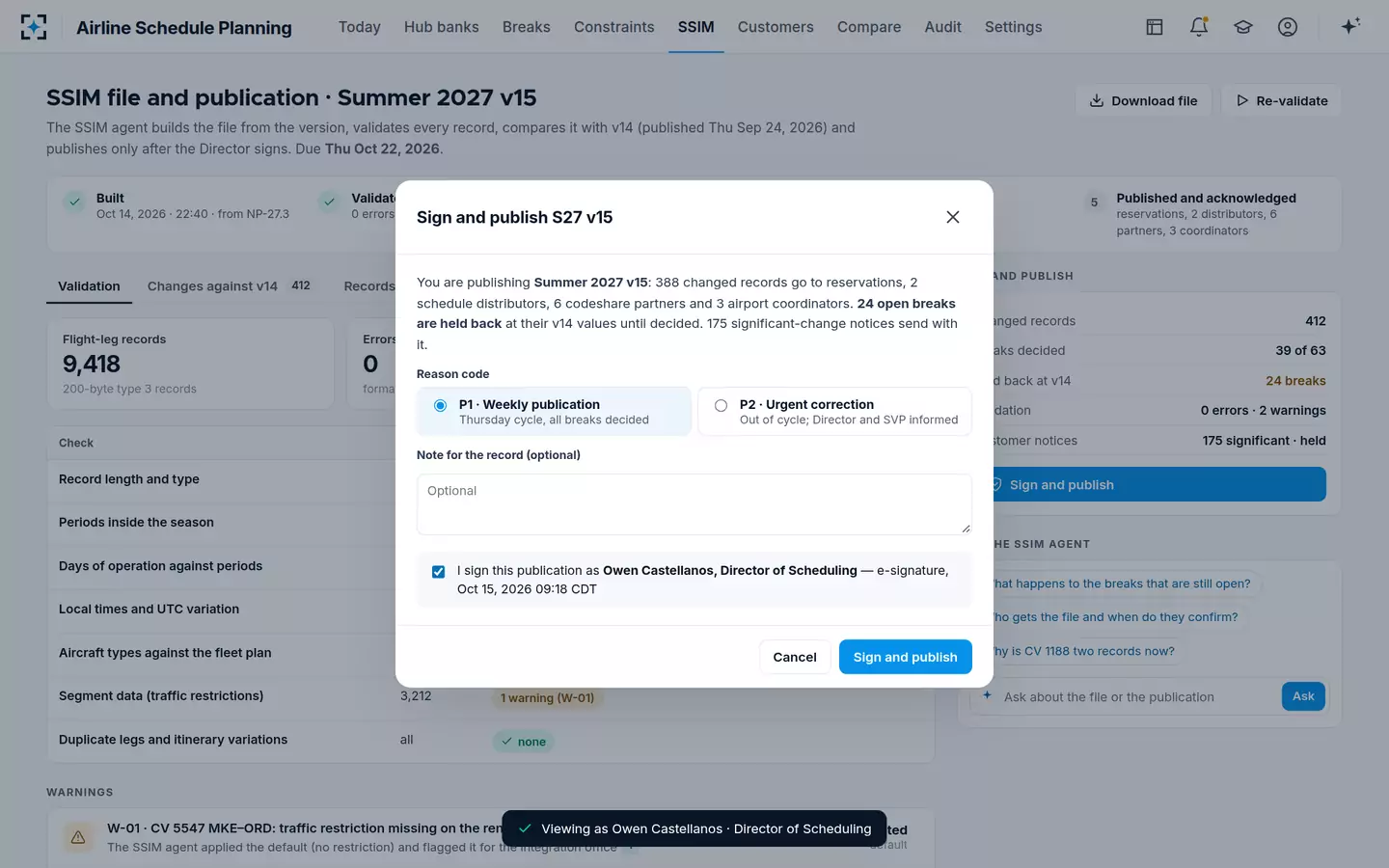 Airline Schedule Planning — Sign and publish