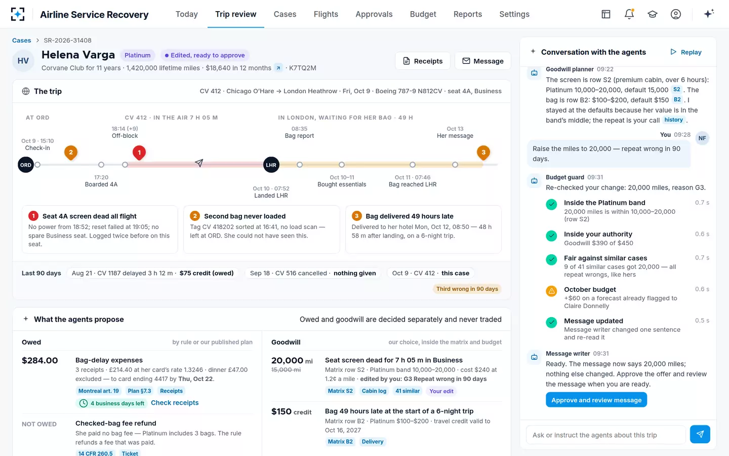 Airline Service Recovery — The agents re-check an edit