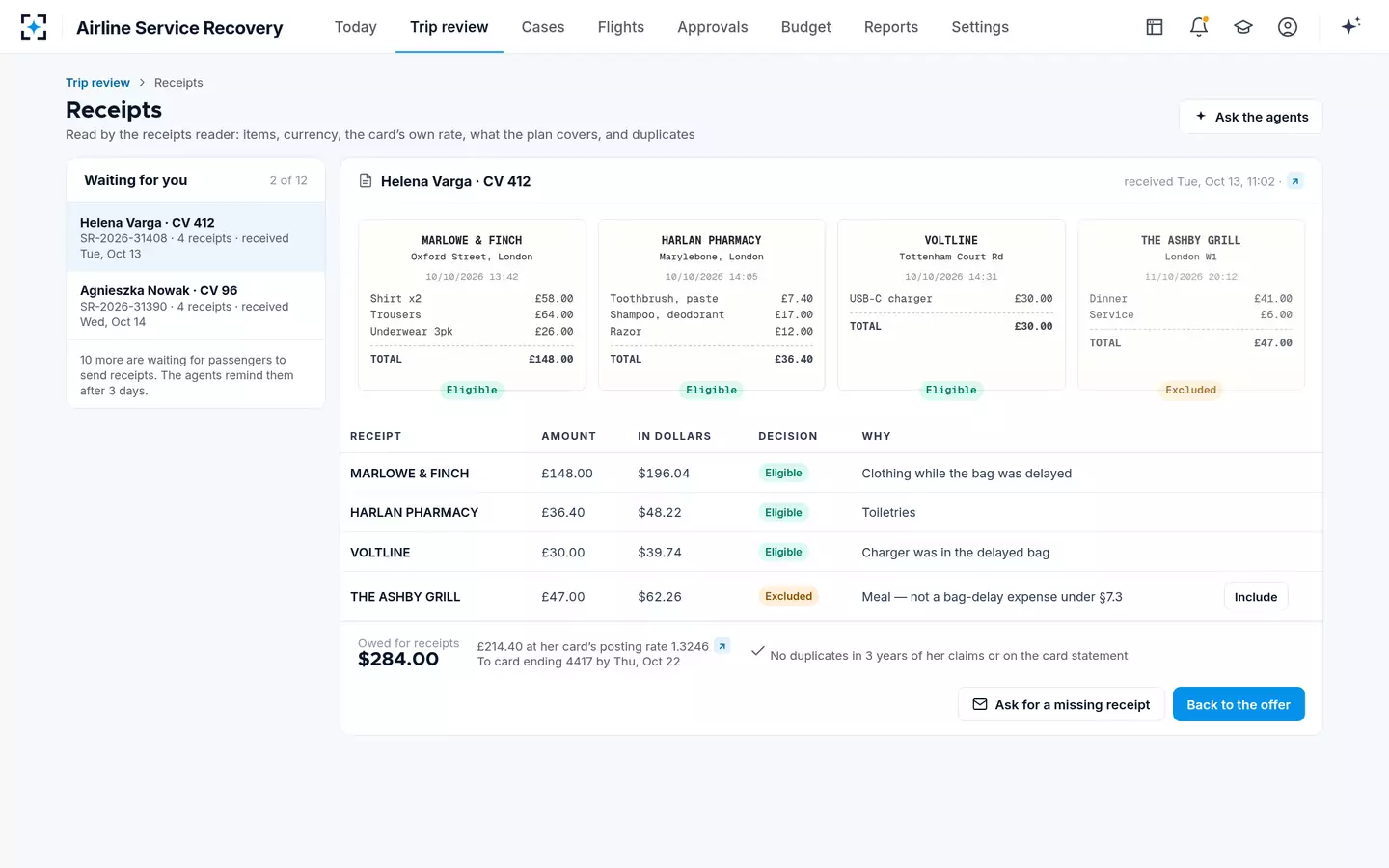 Airline Service Recovery — Receipts