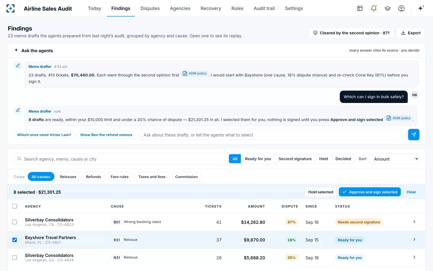 Airline Sales Audit — Memo drafts and bulk approval