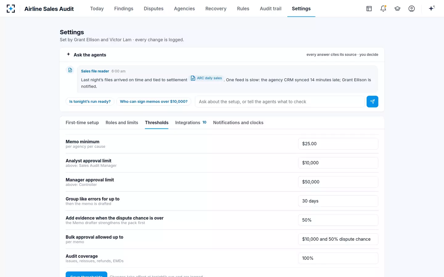 Airline Sales Audit — Thresholds and limits