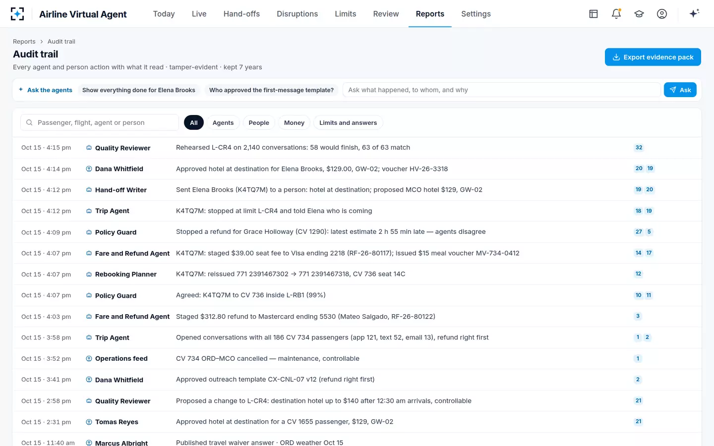 Airline Virtual Agent — Audit trail and evidence pack