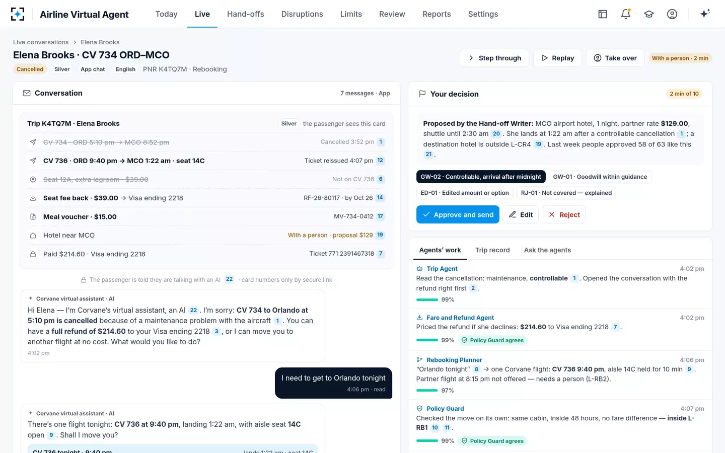 Airline Virtual Agent — The passenger conversation with its live trip card