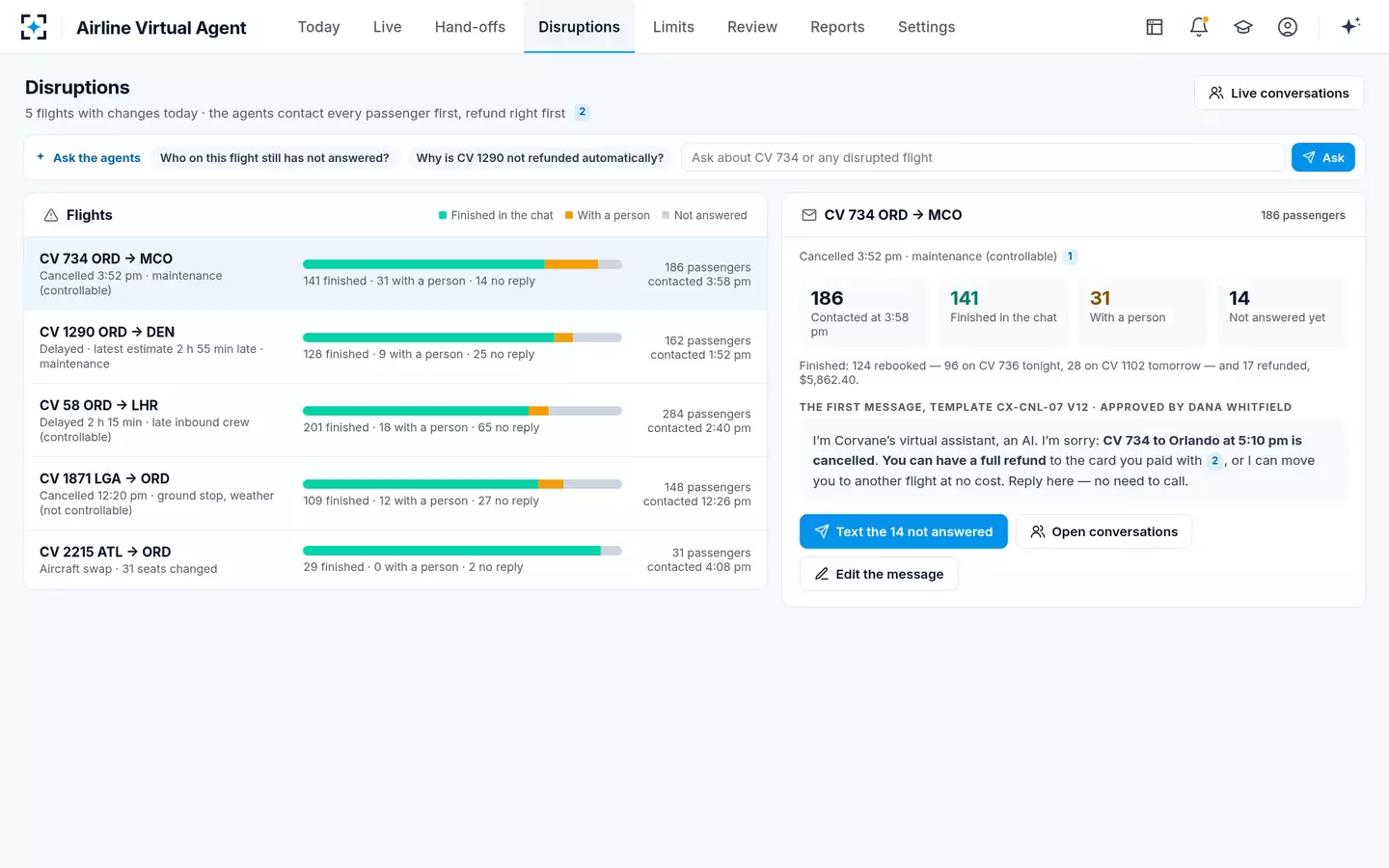 Airline Virtual Agent — Disruption self-service — every passenger contacted first