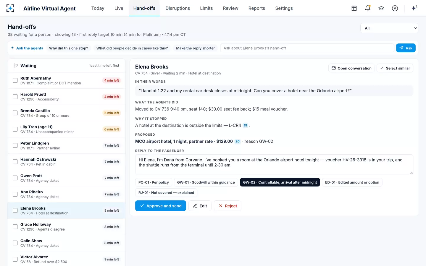 Airline Virtual Agent — Hand-off to a live agent, with a finished brief