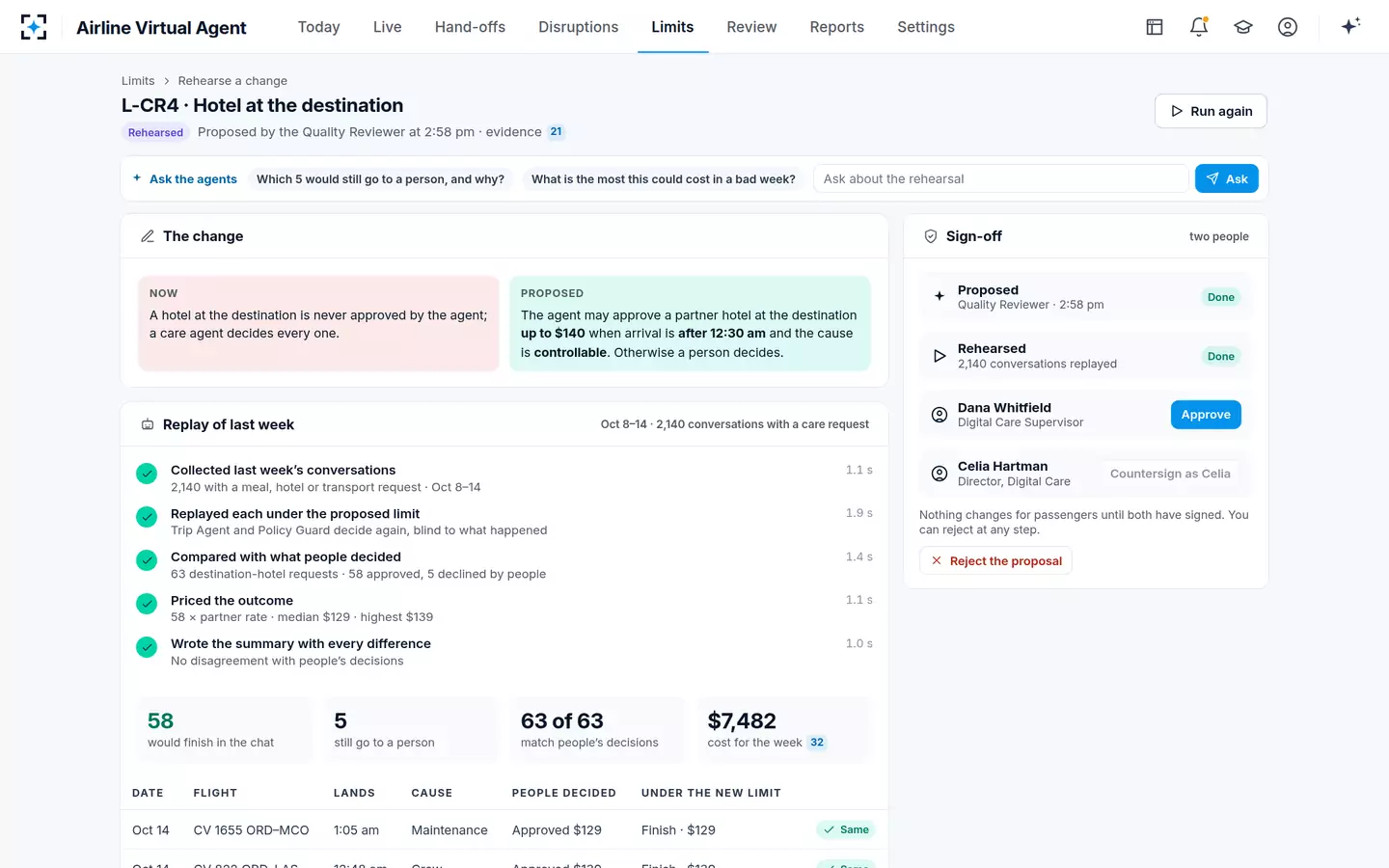 Airline Virtual Agent — A limit change rehearsed on last week