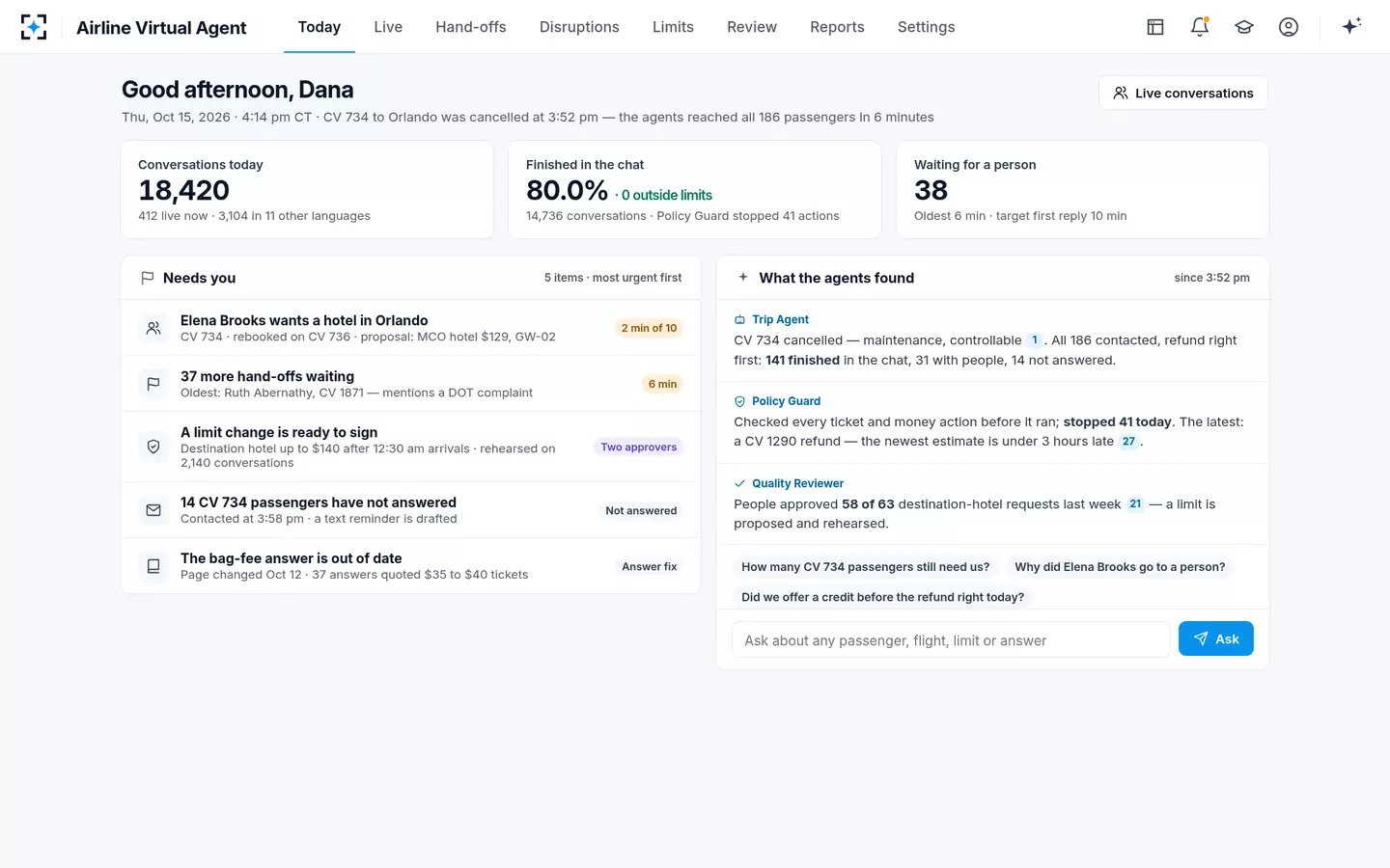 Airline Virtual Agent — Today — the disruption day at a glance