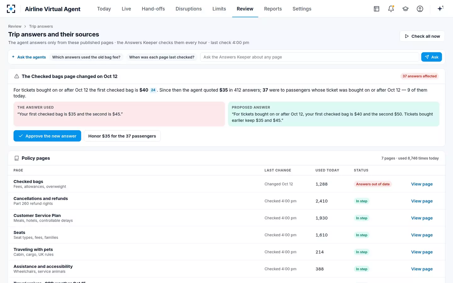 Airline Virtual Agent — Trip answers and their sources