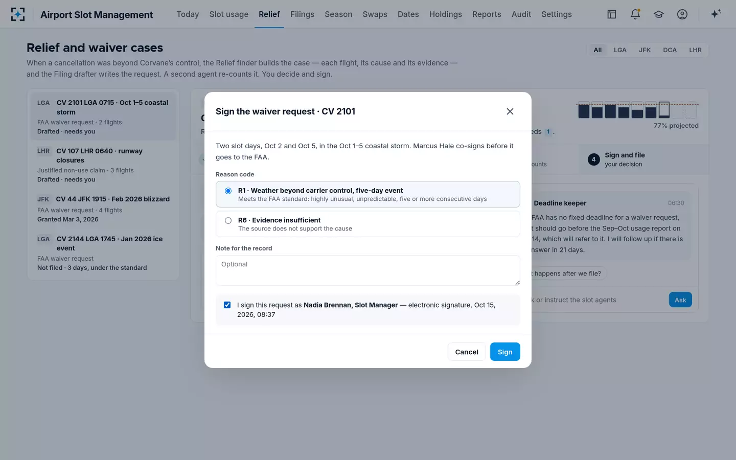 Airport Slot Management — Sign with a reason code
