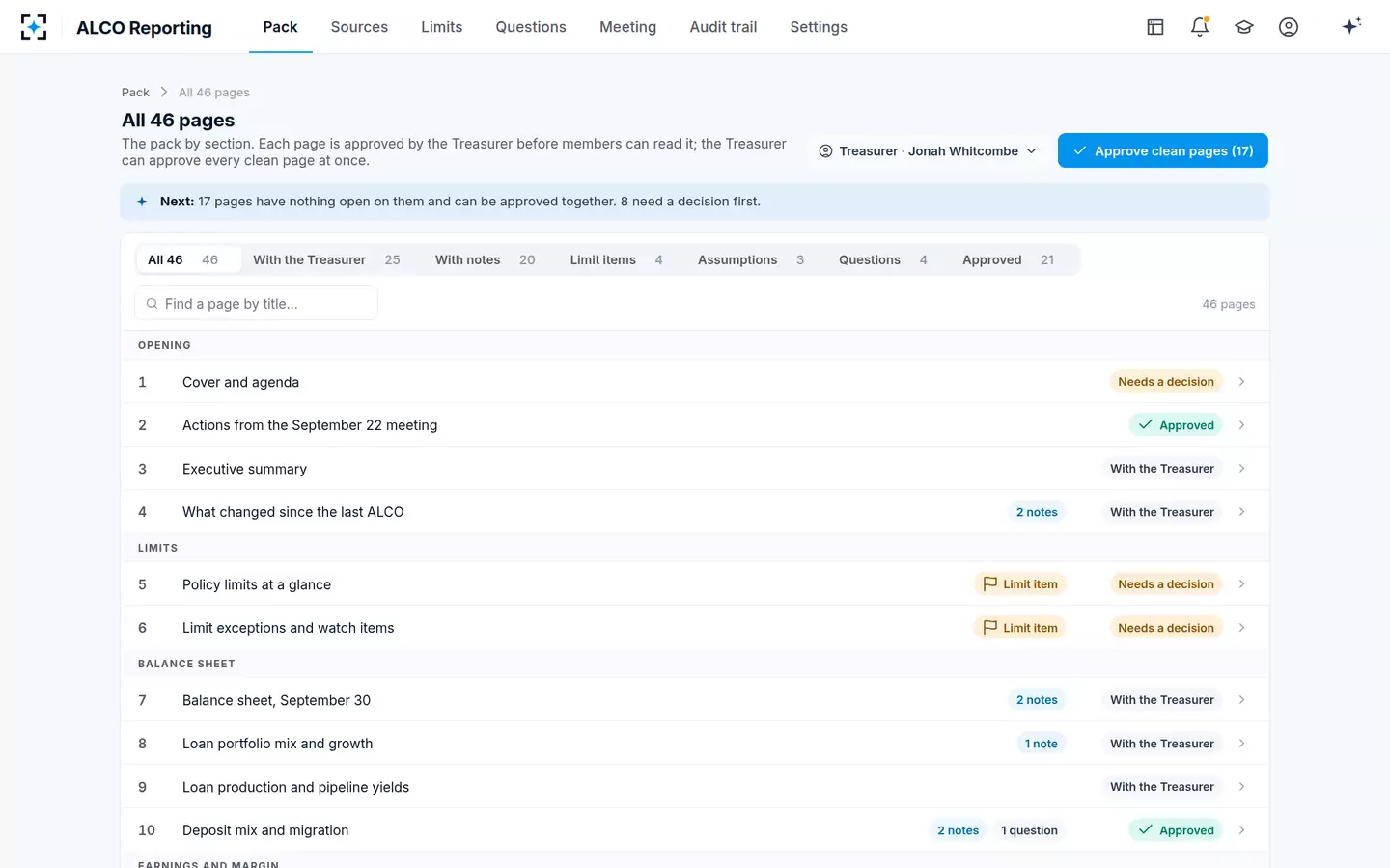 ALCO Reporting — All 46 pages, with the clean ones approved in one step