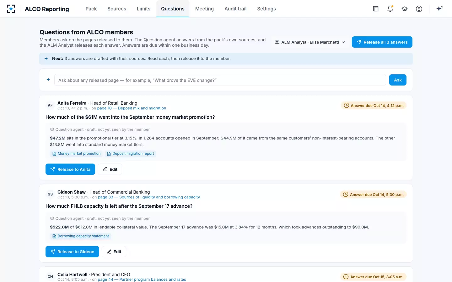 ALCO Reporting — ALCO members ask on the page; answers come back with their sources