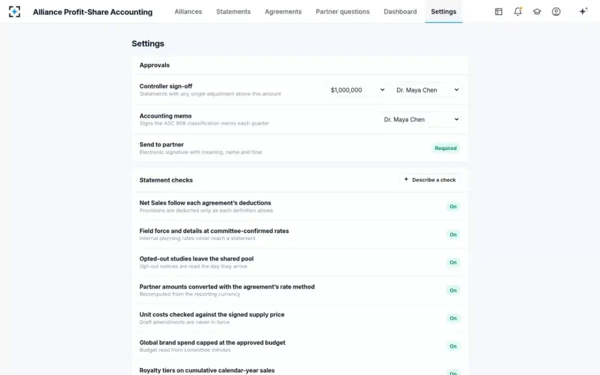 Alliance Profit-Share Accounting — Approvals and checks
