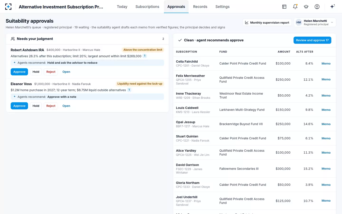 Alternative Investment Subscription Processing — Suitability approvals