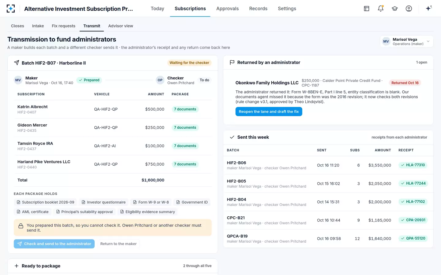 Alternative Investment Subscription Processing — Transmission with maker and checker