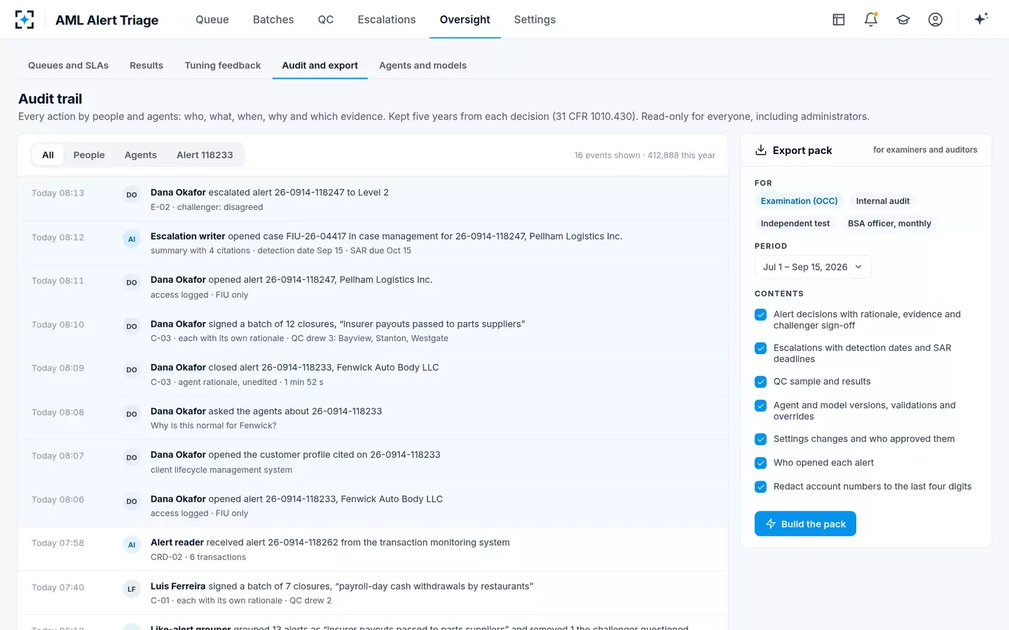 AML Alert Triage — Audit trail and examiner export