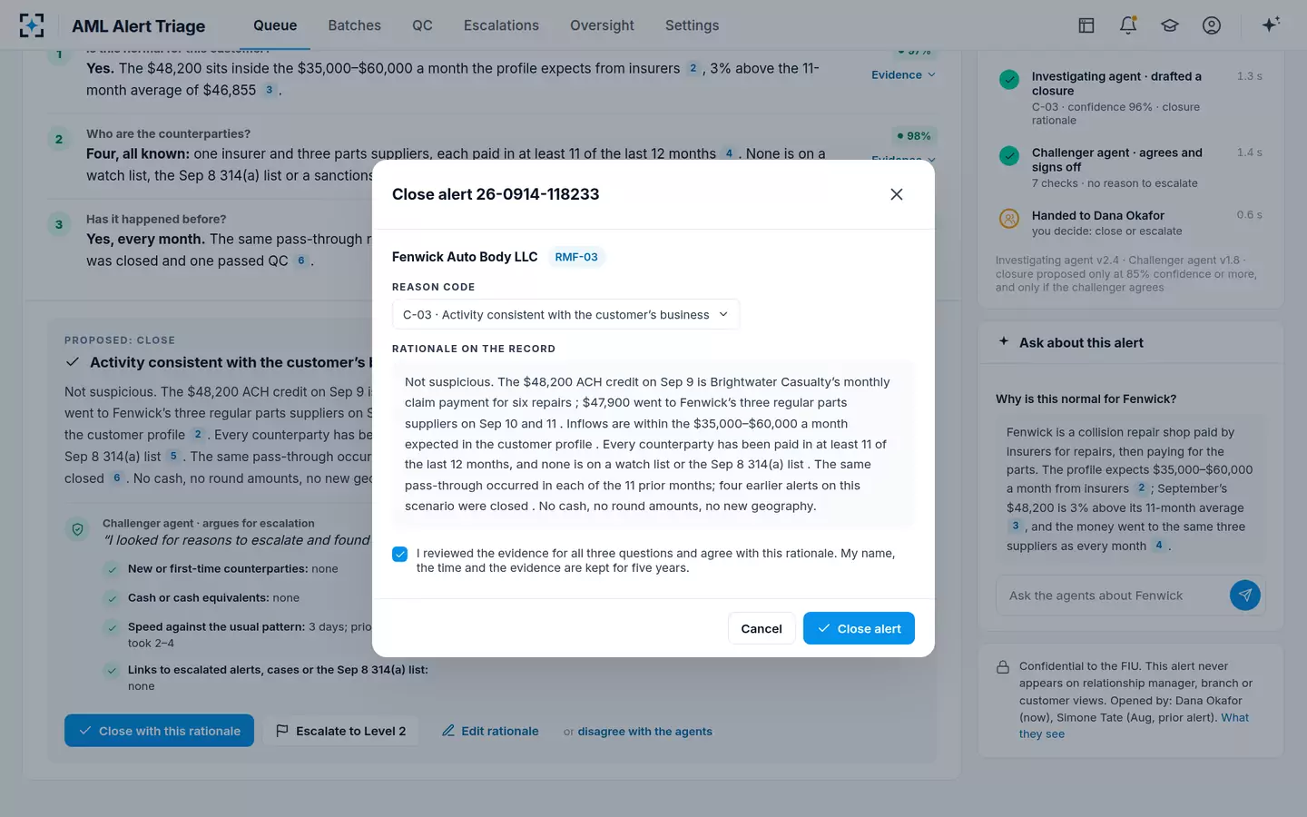 AML Alert Triage — Close with the rationale