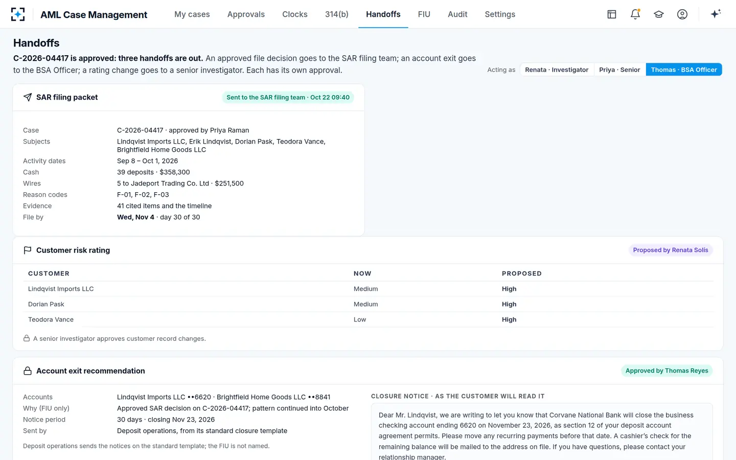 AML Case Management — Handoffs to SAR filing and an account exit the BSA Officer approves