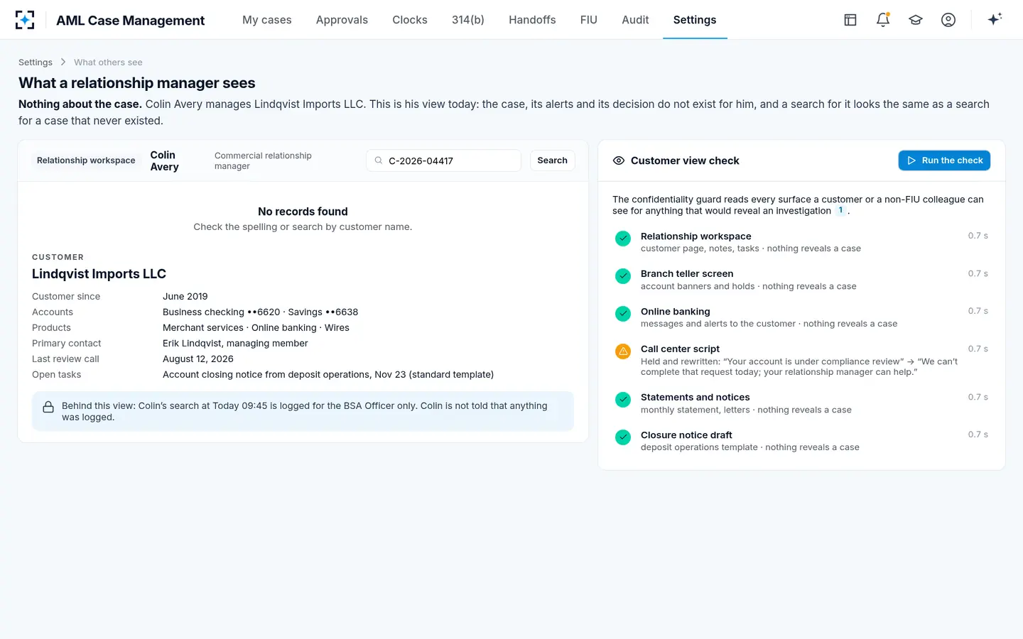AML Case Management — A restricted workspace: the relationship manager sees nothing