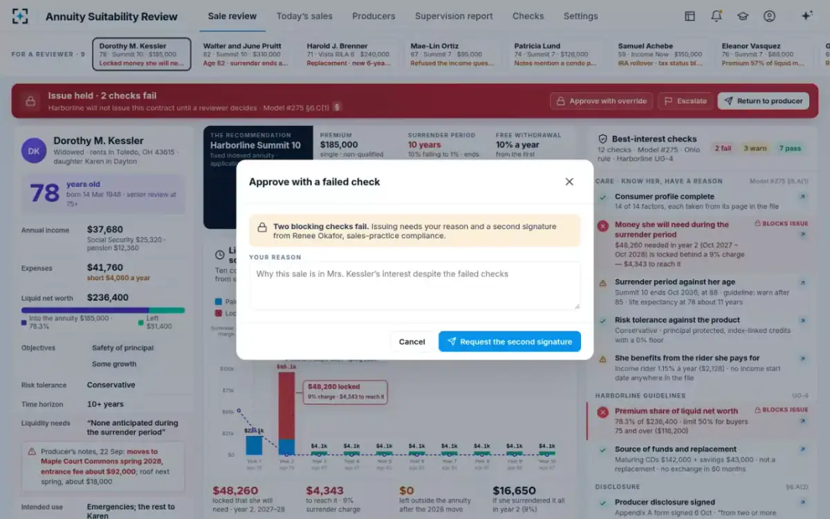 Annuity Suitability Review — Approve with a failed check