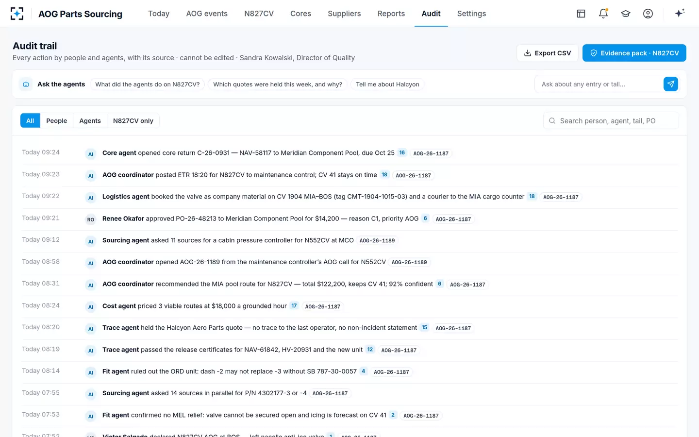 AOG Parts Sourcing — Audit trail and evidence pack