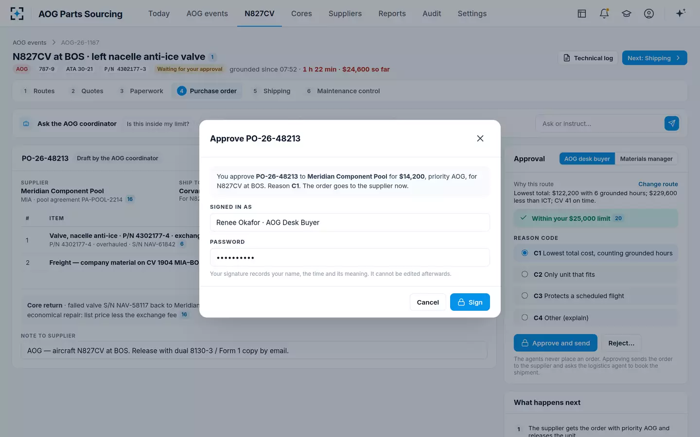 AOG Parts Sourcing — Approving the AOG purchase order