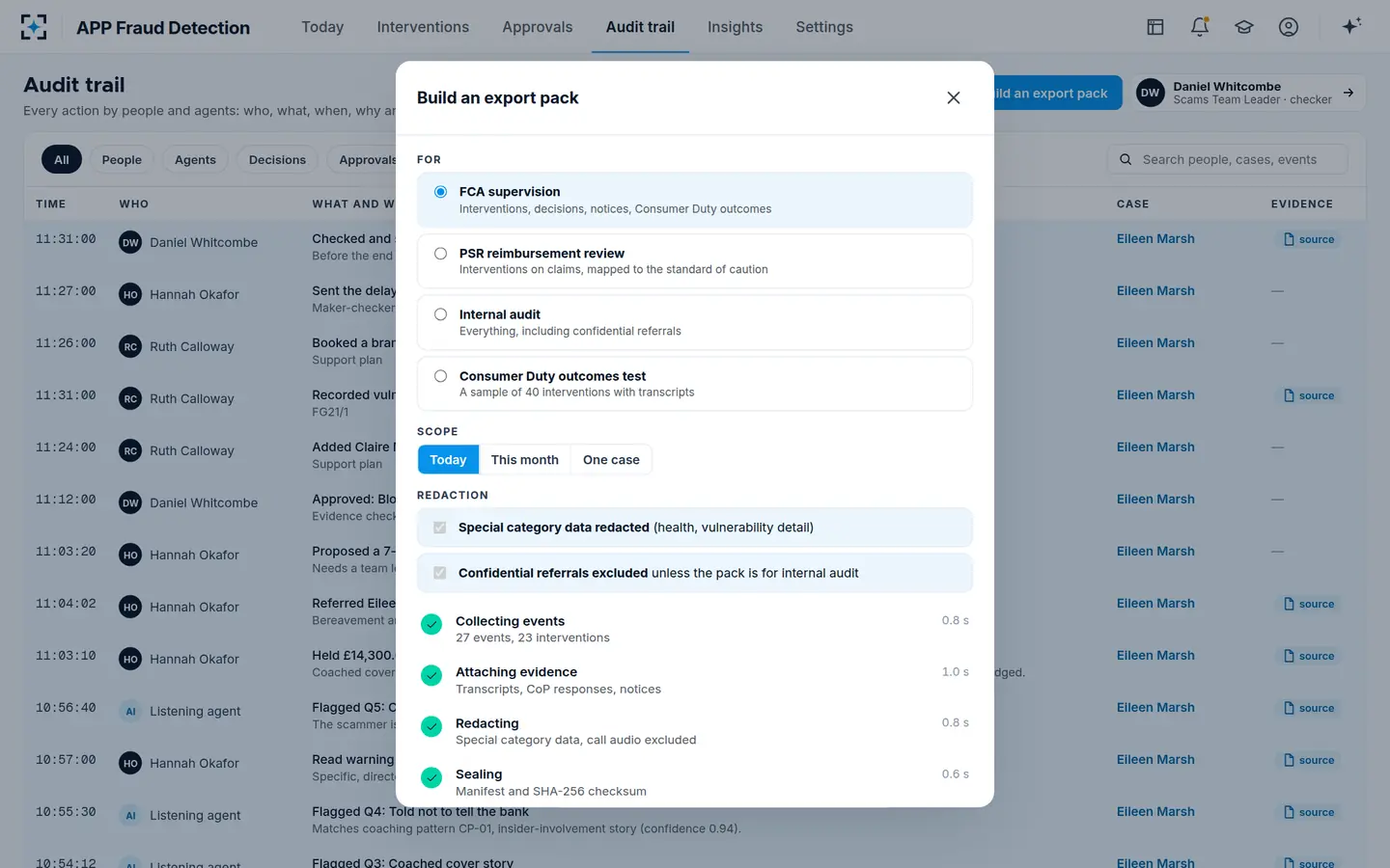APP Fraud Detection — Audit trail and export pack
