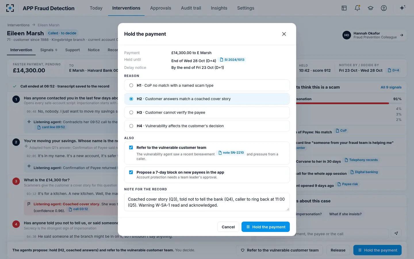 APP Fraud Detection — Hold the payment