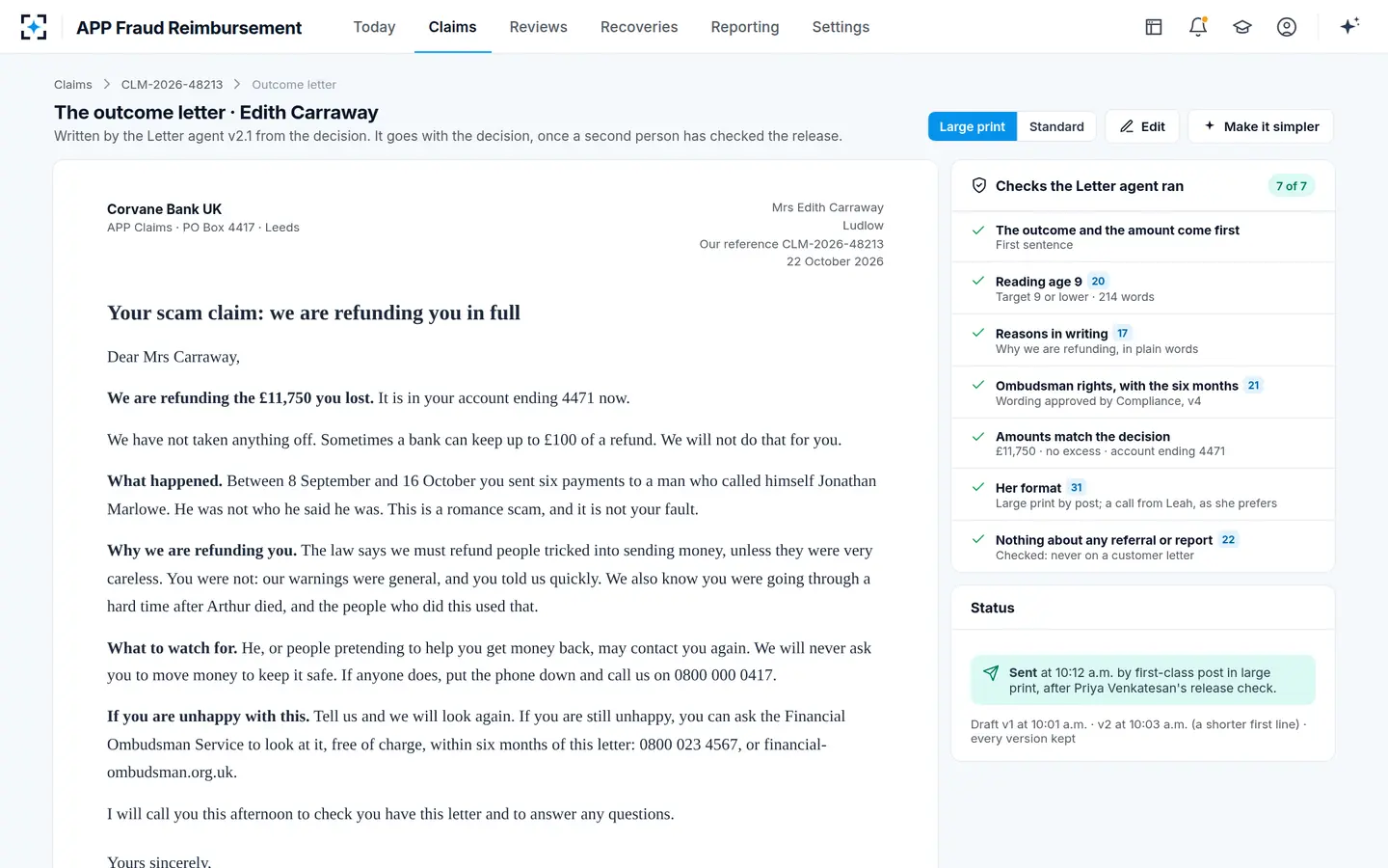 APP Fraud Reimbursement — The outcome letter, in large print