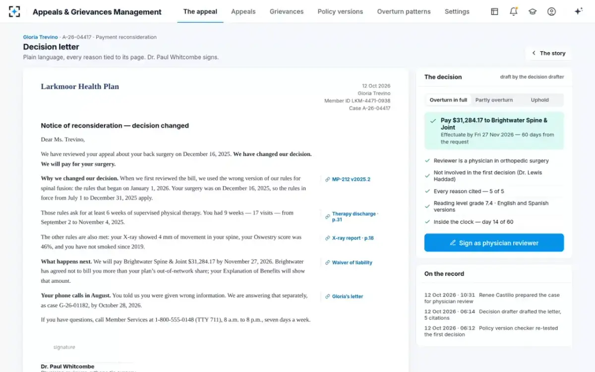 Appeals & Grievances Management — The decision letter