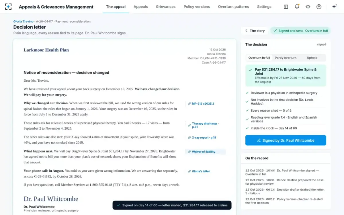Appeals & Grievances Management — Signed and sent