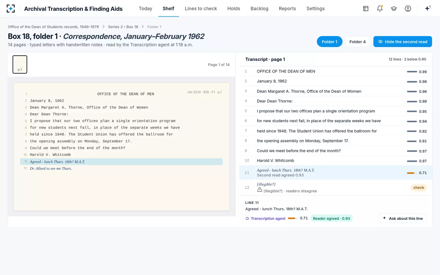 Archival Transcription & Finding Aids — Archival transcription line by line, beside the scan