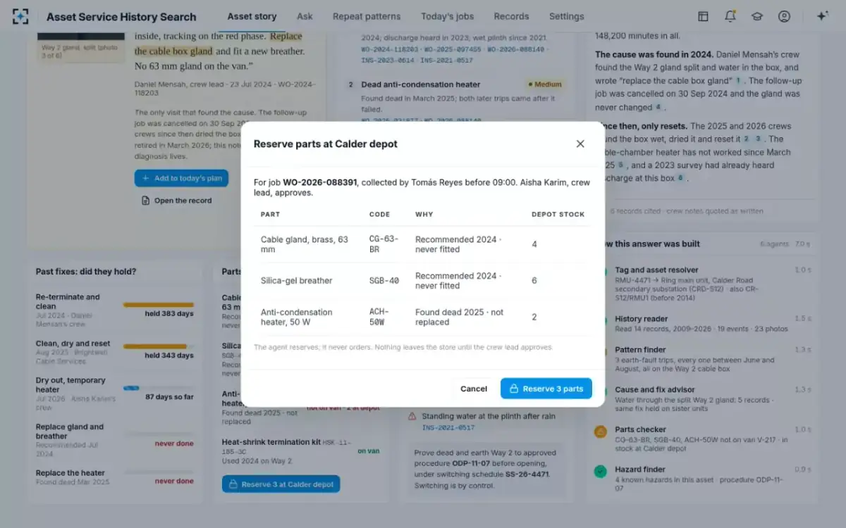 Asset Service History Search — Reserve parts
